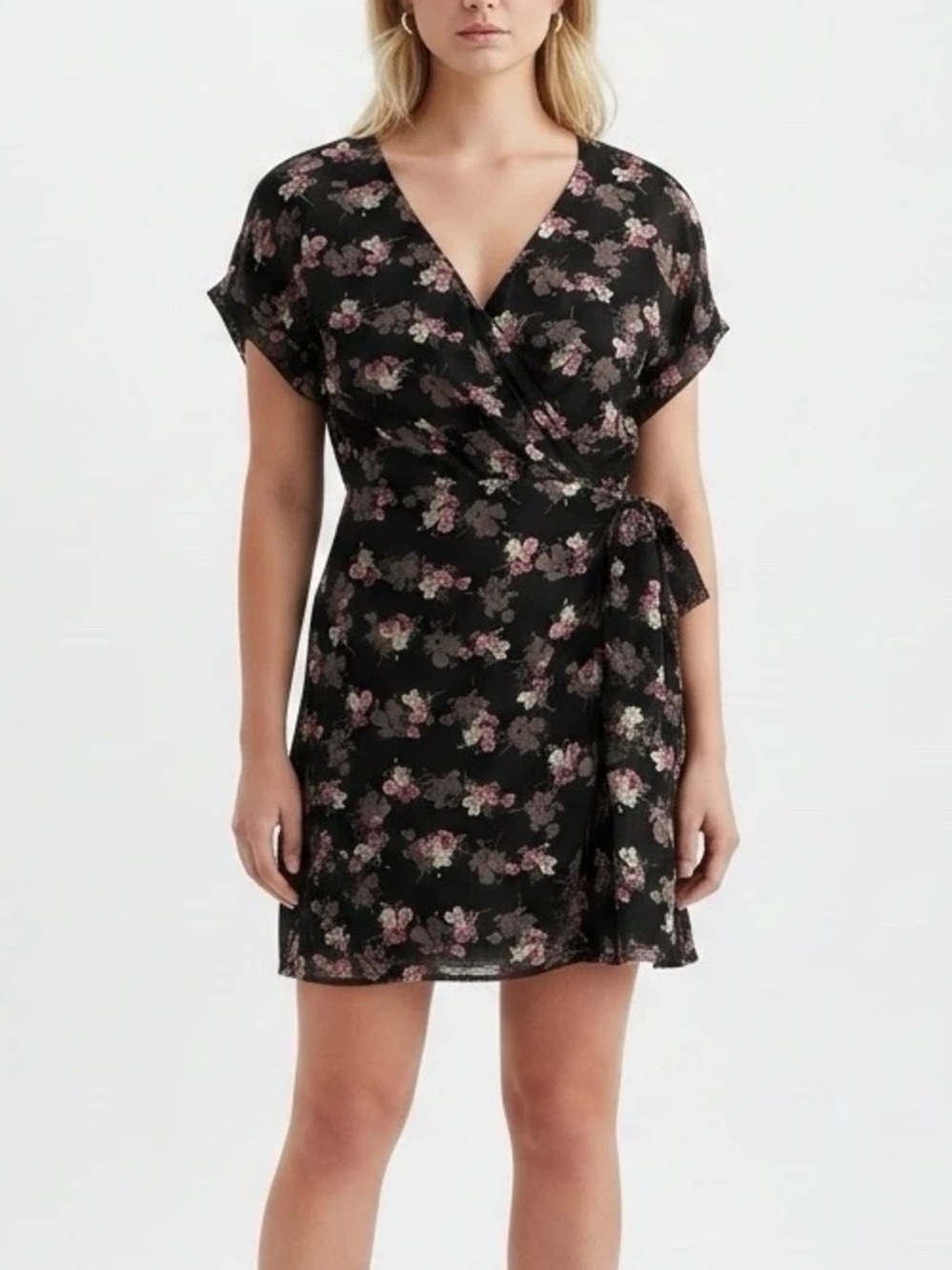 All in Favor Black Floral Short Sleeve Wrap Dress